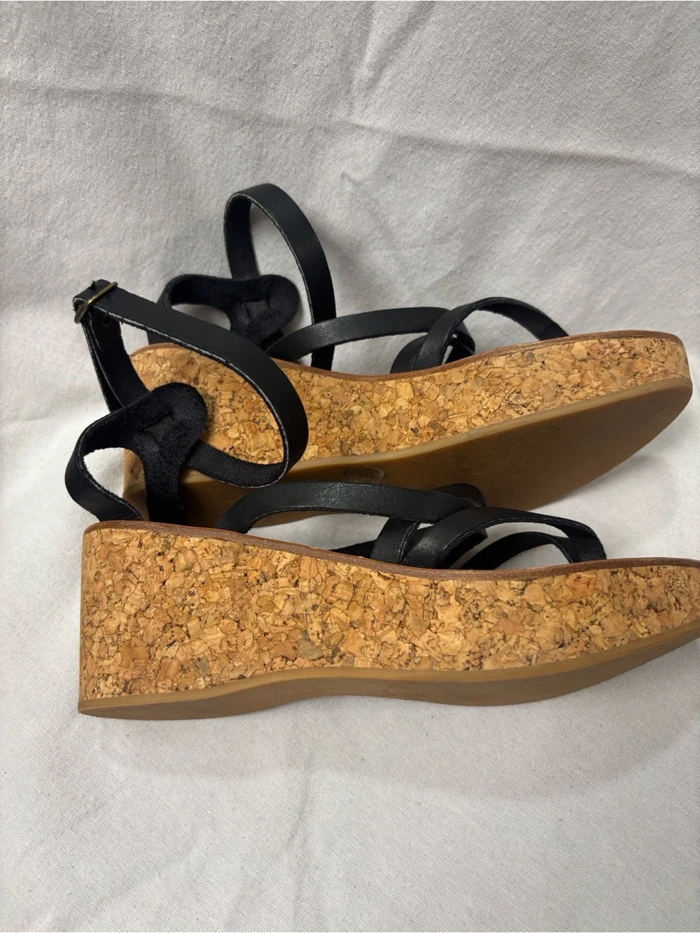 K.Jacques Black Strappy Cork Wedge Sandals Size 39/8.5